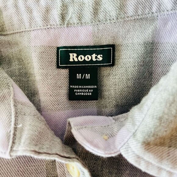 ROOTS gray/purple plaid 100% cotton button front long sleeved shirt size M - Picture 6 of 6